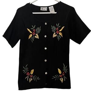 DB Line Womens Short Sleeve Sweater Size S Black Floral  Button Up Embroidered